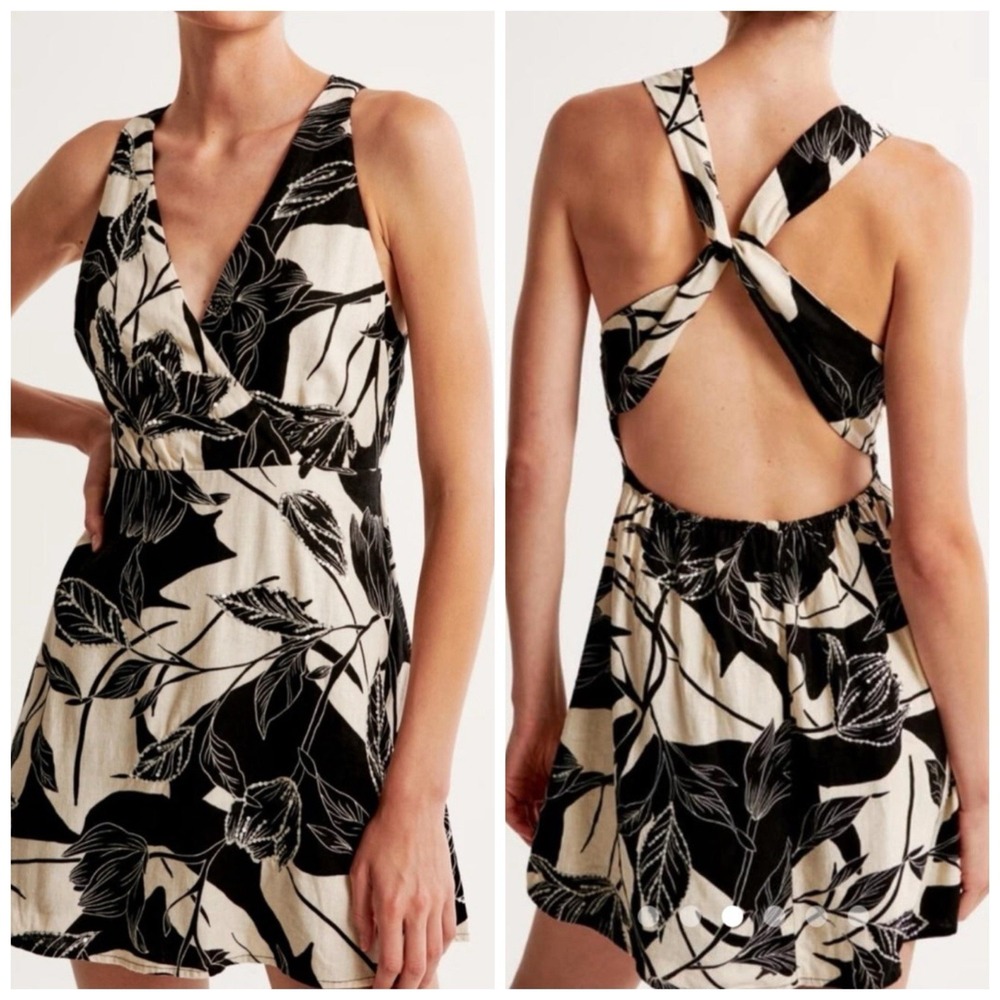 Abercrombie Fitch Halter Dress Open Back Large Ivory Black Floral Sequin Linen B